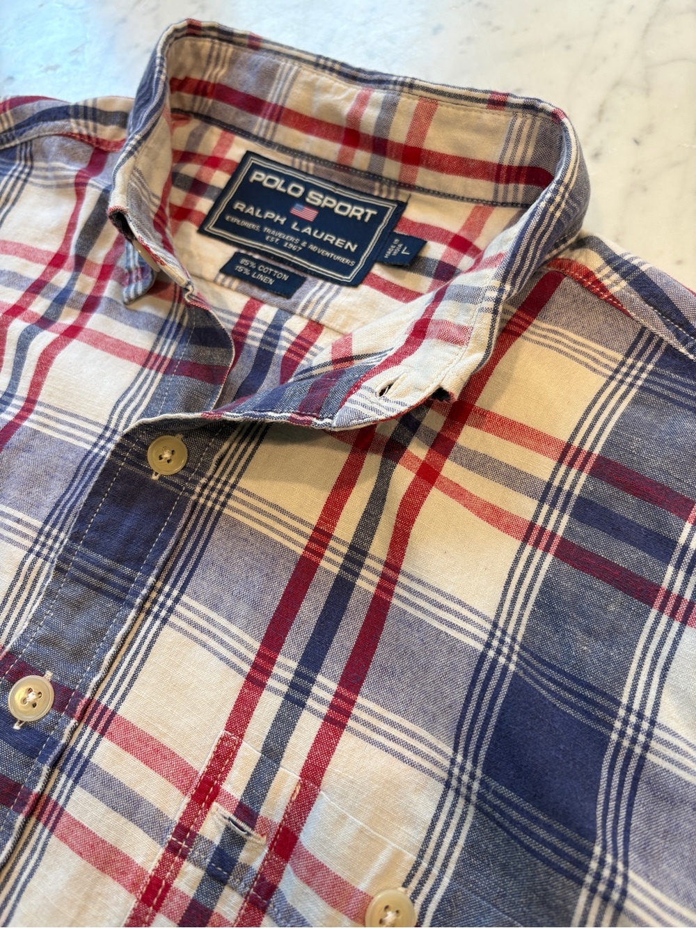 Mens Polo Sport, Red/White/Blue SS button up, Like new, size Large